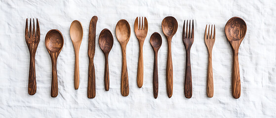 Hand carved wooden spoons and forks arranged neatly on light background, showcasing craftsmanship and natural beauty