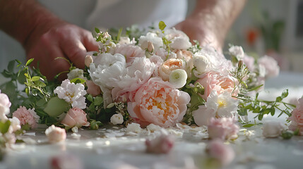skilled florist arranging beautiful bouquet with fresh flowers, showcasing vibrant colors and delicate petals