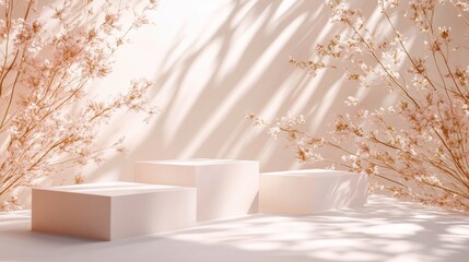 A serene composition featuring soft pink boxes and delicate flowers, ideal for product displays.