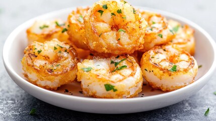Fototapeta premium Crispy fried shrimp on white plate, close-up. Food photography for recipe blogs