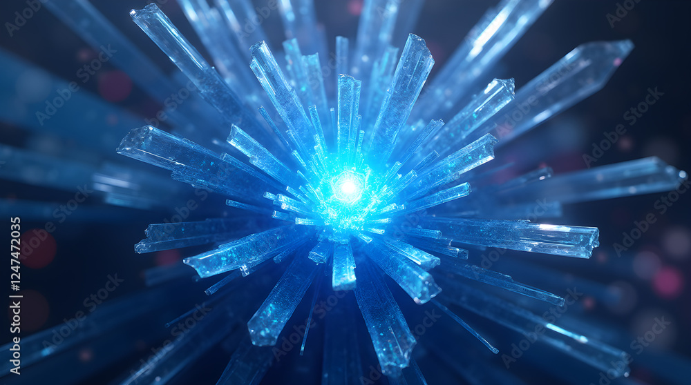 Aufkleber blue crystal burst: abstract fractal art with glowing center - high resolution digital rendering of 