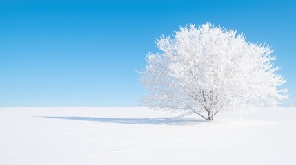 Fototapeta premium Frosty tree in snowy field, clear sky; winter landscape, nature scene