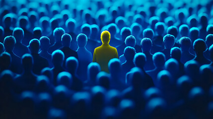 Obraz premium Unique Figure in a Sea of Blue: A Striking Visual Representation of Individuality and Standing Out Amidst a Crowd, Symbolizing Uniqueness and Identity in Society
