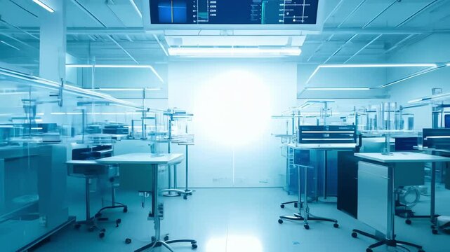 Modern High-Tech Laboratory with Advanced Equipment and Digital Displays. Concept of innovation, scientific research, technology, laboratory design