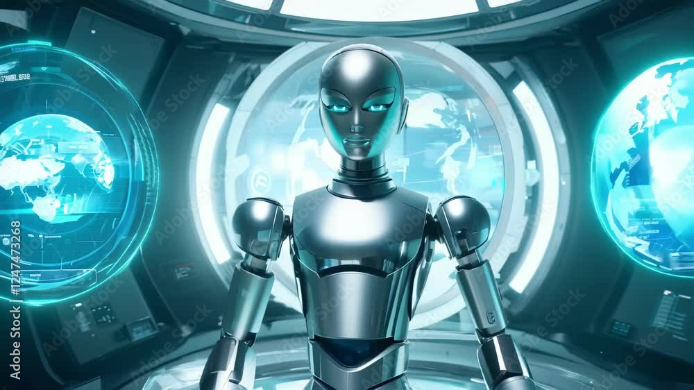 Poster futuristic silver robot standing in sci-fi control room. concept of artificial intelligence, advance