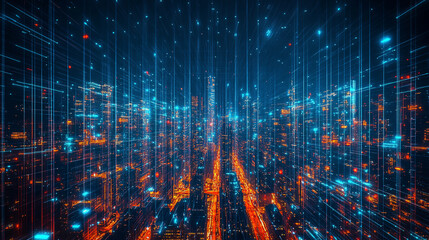 A digitally transformed cityscape showcasing a futuristic grid of urban illumination and connectivity.