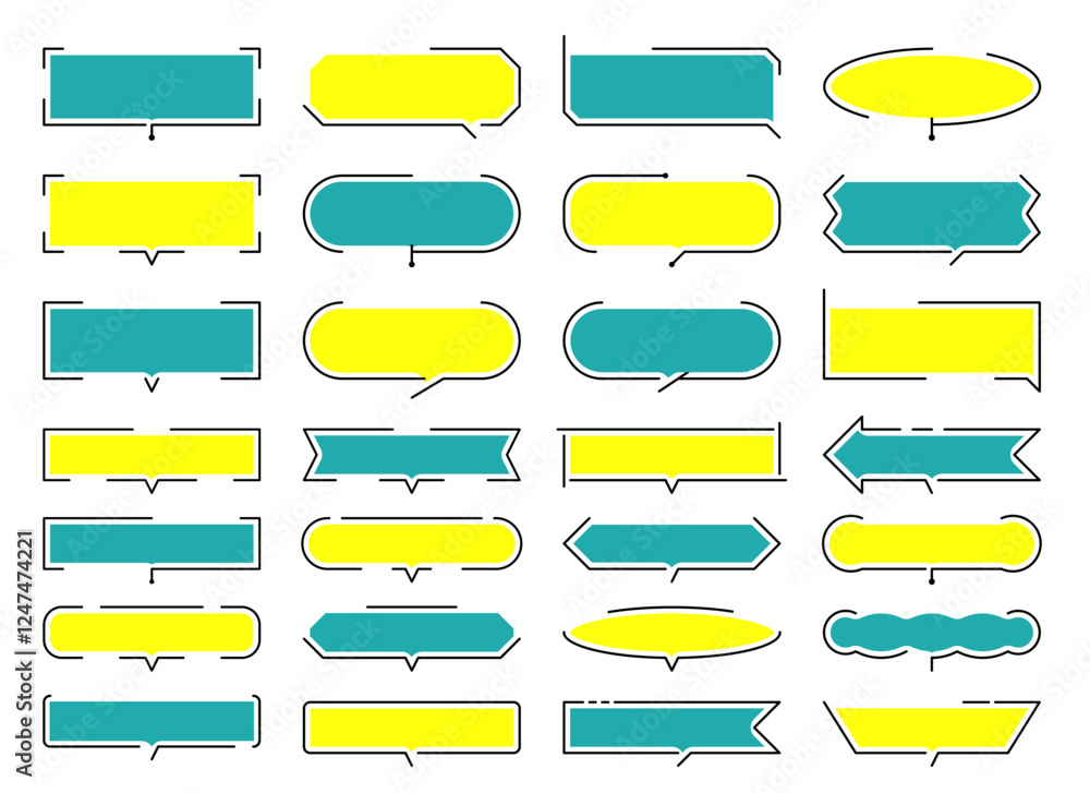 Poster a set of sample text bubbles. each bubble has a different shape and has a blue-yellow color