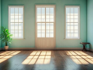 Sunlight Streams Through Windows in Empty Room, Illuminating Wooden Floor and Walls, Creating Serene Atmosphere