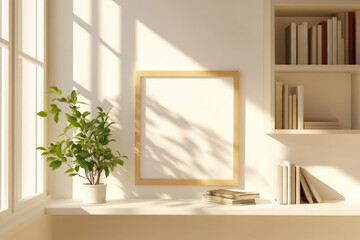 Bright minimalist interior with blank wooden picture frame, books, and plant on white shelf artwork mockup potential