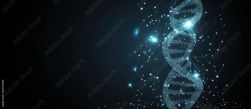 Poster dna double helix structure with connected dots in dark background