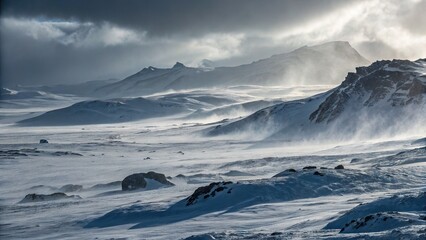 A dramatic Antarctic landscape with icy terrain and a powerful storm, capturing the raw beauty and extreme conditions of the frozen continent.
