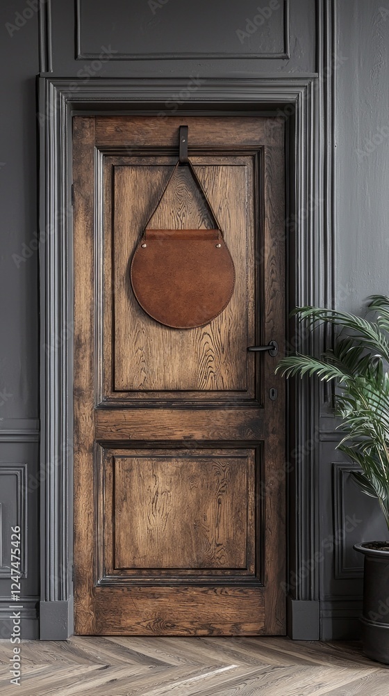 Poster a stylish door hanger mockup is elegantly displayed on a polished wooden door within a modern studio