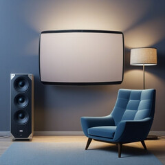 Mockup pantalla de televisión en blanco en una pared de una habitación con un altavoz estereo un sillón y una lámpara encendida
