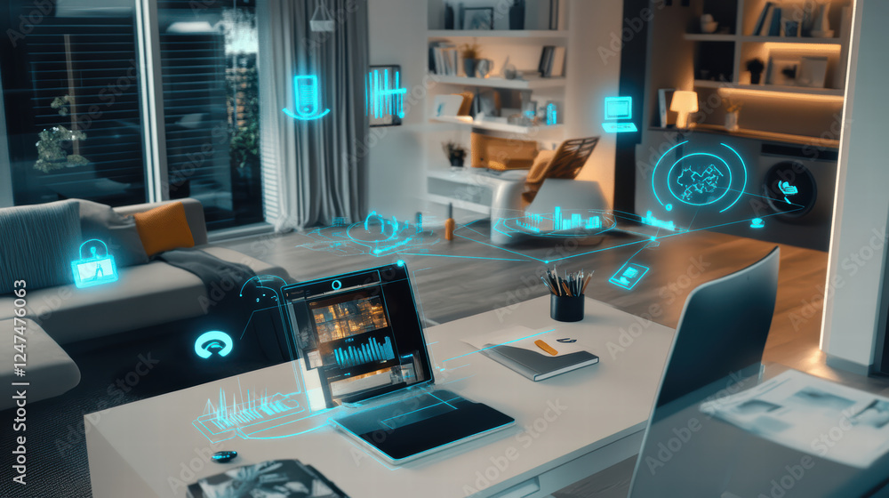 Poster modern home office featuring iot devices enhancing productivity and connectivity. workspace includes