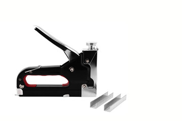 new industrial stapler and set of iron staples isolated on white background