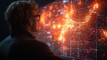 Analyst studying data map, fiery visuals, dark room, technology use