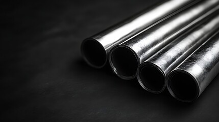 Fototapeta premium Rolled Metal Sheets Dark Background Industrial Material