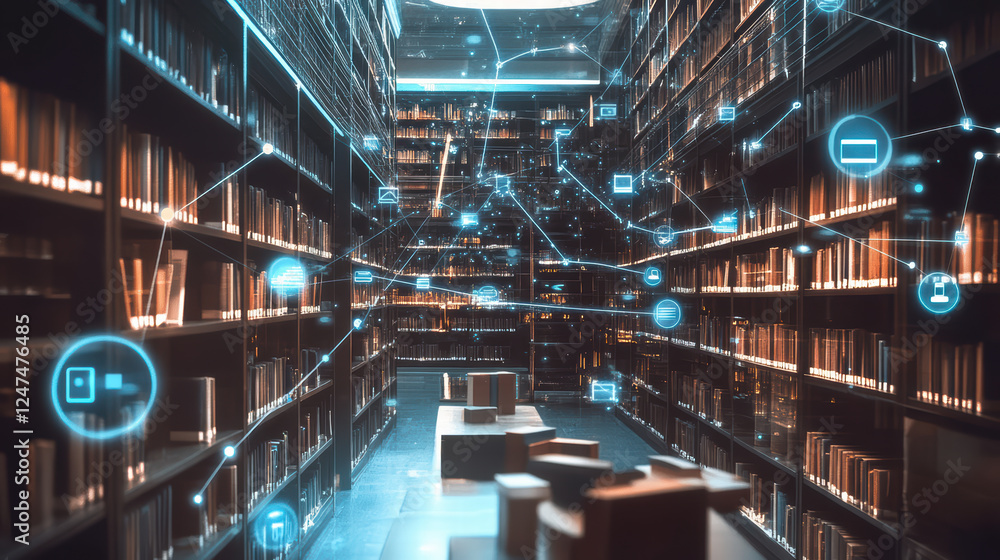 Poster modern library filled with books and connected iot devices, showcasing digital interactions and tech