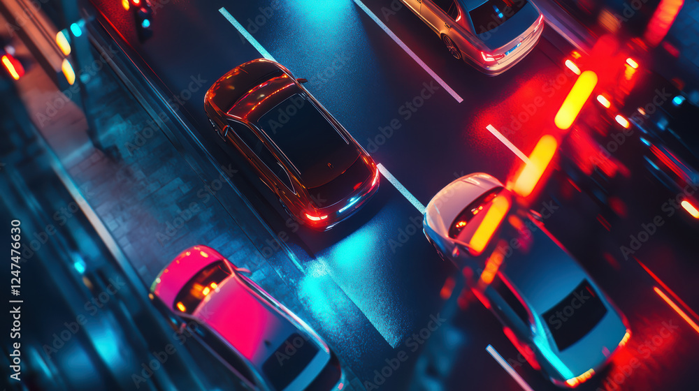 Poster connected vehicle communicating with traffic lights vibrant urban setting, showcasing modern technol