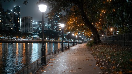 Obraz premium Night city park path, riverside walk, autumn leaves, cityscape background, urban tranquility