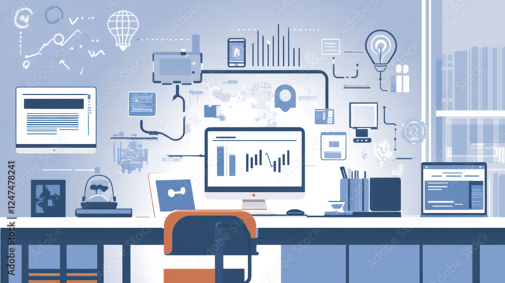 Poster modern workspace featuring smart organization tools, digital devices, and data visualization element