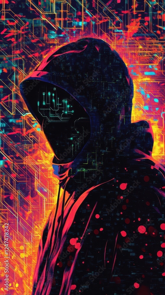 Aufkleber digital figure in hoodie surrounded by technological circuit patterns