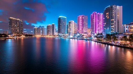 Obraz premium Night cityscape, waterfront, colorful buildings, calm waters, urban scene, travel poster.