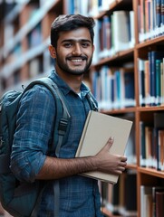 Young Man with Backpack and Book in Library