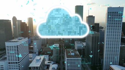 Cloud data storage infrastructure animation on modern American skyline. 3D render