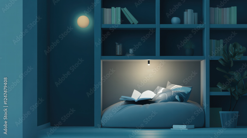Poster cozy reading nook with smart features, illuminated by soft light, surrounded by books and plants, cr