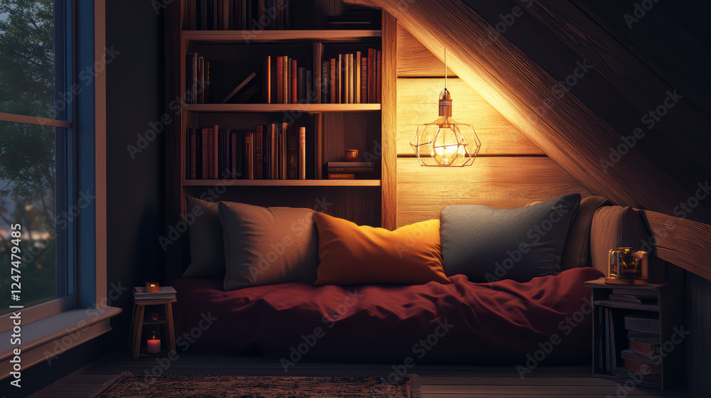 Poster cozy reading nook with smart lighting, soft cushions, and warm atmosphere. space features bookshelf filled with books, creating inviting environment for relaxation and reading