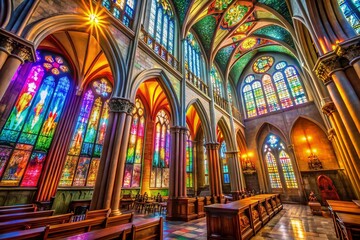 Fototapeta premium Surreal Stained Glass: Hanoi's St. Joseph Cathedral Interior, 1886