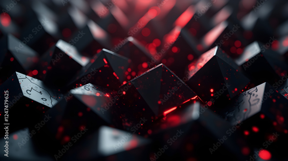 Poster abstract dark geometric background with red light: modern 3d render of black pyramids, futuristic de