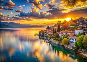 Fototapeta premium Surreal Sunset over Ohrid Lake, Macedonia: Calm Waters & Majestic Mountains