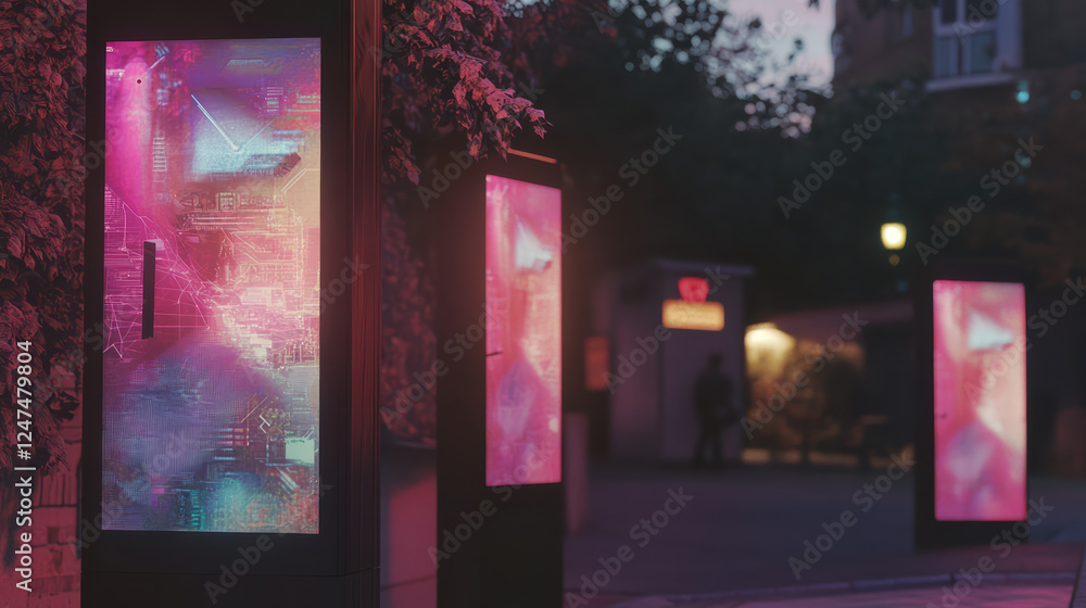 Poster digital art installation featuring illuminated displays showcasing vibrant colors and abstract patte