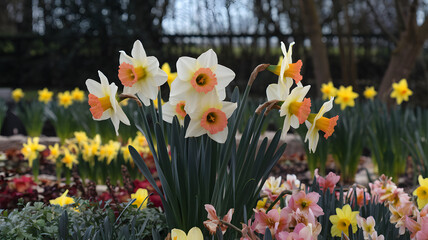 Fototapeta premium Daffodil flowers arranged in a garden vase.