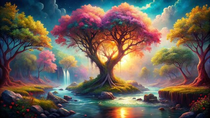 Obraz premium Surreal Watercolor Love Tree: Dreamy Romantic Fantasy Art
