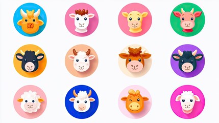 Obraz premium Twelve cute cartoon animal heads goats, sheep, and lambs in colorful circles.