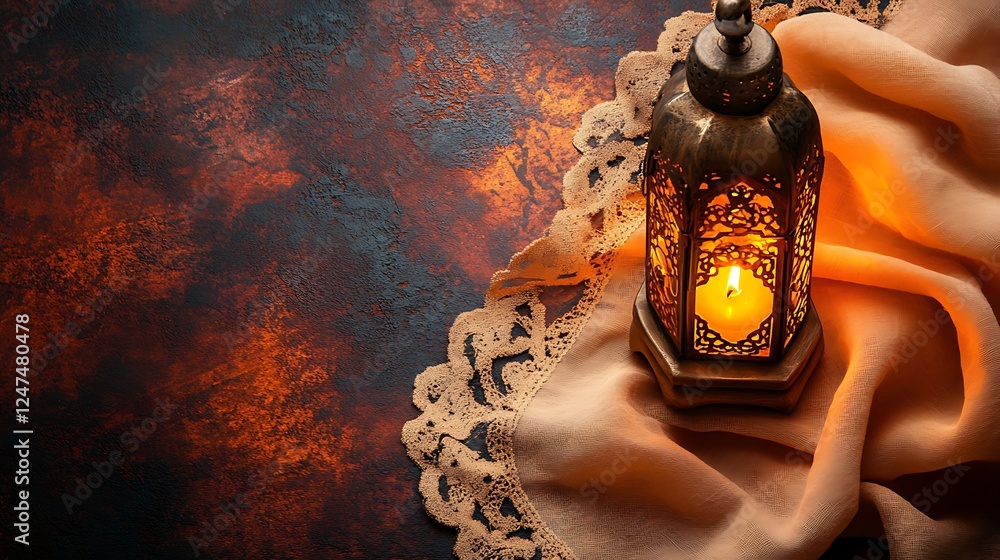Poster illuminated lantern rests on fabric over rustic background