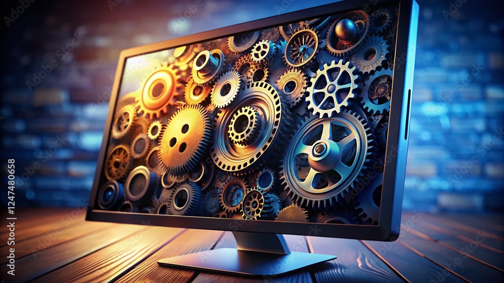 Poster tech settings: gears and computer monitor - abstract portrait photography