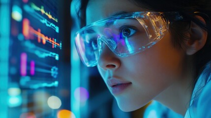 Focused scientist wearing protective eyewear, analyzing complex data on a digital screen. The scene highlights technology and innovation in scientific research environments