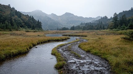 Fototapeta premium Serpentine river meanders through autumnal marsh, misty mountains