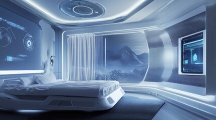 Fototapeta premium futuristic bedroom featuring automated curtains, smart technology, and stunning mountain view. sleek design and ambient lighting create serene atmosphere for relaxation
