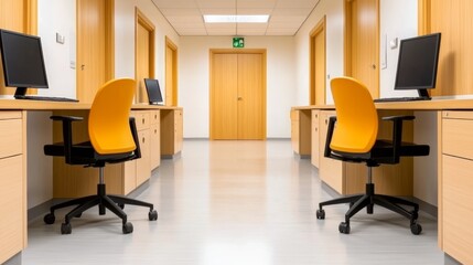 Modern Office Space with Empty Desks and Orange Chairs in a Closed Down Company Environment