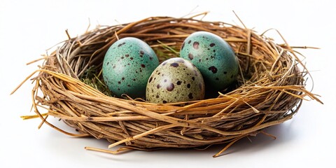 Obraz premium Three Speckled Bird Eggs in Nest - White Background Stock Photo