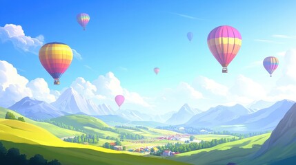 Obraz premium Colorful hot air balloons float above a vibrant landscape