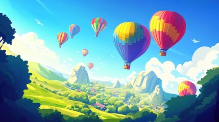 Fototapeta premium Colorful hot air balloons float over a lush green landscape