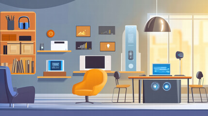 Fototapeta premium modern conference room featuring IoT devices, stylish furniture, and bright atmosphere. space is designed for collaboration and innovation, showcasing technology integration