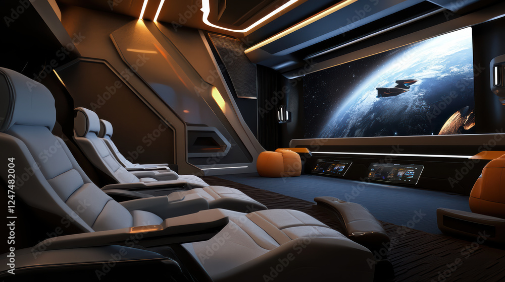 Poster futuristic home theater with smart projectors, comfortable seating, and immersive design. room featu