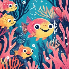 Cartoon style illustration depicts cute smiling fish underwater scene